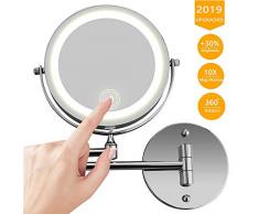 FeelGlad Schminkspiegel Beleuchtet Wandmontage, 10x Fache Vergrößerung Kosmetikspiegel und USB Wiederaufladbare Doppelseitig Touchscreen Dimmbarer LED Beleuchtung Befestigen Ohne Bohren