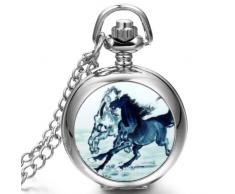 JewelryWe Damen Herren Taschenuhr Emaille Doppel laufende Pferden Uhranhänger Quartz Legierung Kettenuhr Uhr Halskette