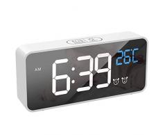 GEEKBES Digitaler Wecker mit Große LED Temperaturanzeige, tragbarer Spiegelalarm mit 2 Alarmen, Tischuhr mit 13 Musik/ 4 Helligkeit und Lautstärke Regelbar, Snooze, Sprachsteuerung, USB Ladeanschluss