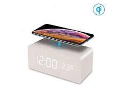 FiBiSonic LED Holz Wecker digital mit Wireless Charger für iPhone XS MAX/XR/XS/X/8, Galaxy S10/Note 9/S9/S8/S7, digitaler Wecker Tischuhr Wecker Weiß