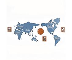 WHR-GZ Wanduhr Wohnzimmer Modern, Heimtextilien, Weltkarte, 3D-Bilderrahmen Uhr Stumm Heimtextilien Uhr Spiegel Holzuhr, Heim, Büro, Schule Wanduhr (Blau),B