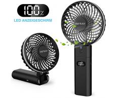 infray Handventilator mit Powerbank 5200mAh, Ventilator klein Handventilator mit Anzeigeschirm, USB Ventilator Mini tragbarer Tischventilator mit akku, 5 Stufen, 5-20 Std. Arbeitszeit (Schwarz)