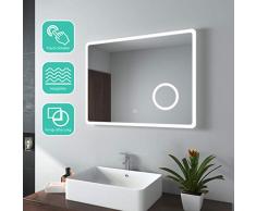 EMKE LED Badspiegel mit Beleuchtung 80x60cm Badezimmerspiegel kaltweiß Lichtspiegel Wandspiegel mit Touchschalter, Beschlagfrei, 3-Fach Vergrößerung Schminkspiegel IP44 energiesparend