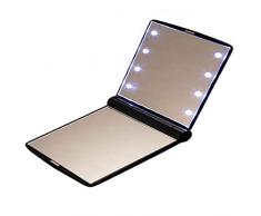 Ruda 8 LED-Lichter, Make-up-Spiegel, tragbar, faltbar, rechteckig, kompakt, Taschengröße, für Reisen, Kosmetik, Tischlampe, Gesundheits-Werkzeug für Frauen und Mädchen Schwarz