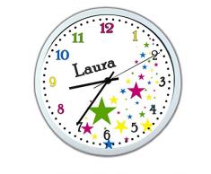 Wanduhr mit Wunsch - Namen für Kinderzimmer ; einzigartige Kinderuhr ; Rahmen weiß ; Kinder Wanduhr ohne ticken mit oder ohne Namen auf Wunsch personalisiert ; Uhr - Motiv Sterne