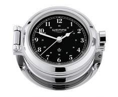 Wempe Messing verchromt Bullaugen Yachtuhr Nautik Ø 120mm schwarz mit arabischen Ziffern