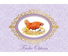 Osterkarte Frühlingsgrüße zu Ostern: Frohe Ostern Edle Ostergrußkarte (Glückwunschkarte/ Klappgrußkarte/ Grußkarte) in Lila/ Flieder mit Henne, Ostereier, Küken und Schmetterling (Mit Umschlag) (4)