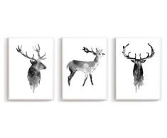 Wandposter Poster Wandbild Schwarz Weiß Kunstdruck - für Wohnzimmer Schlafzimmer Arbeitszimmer - Wanddeko A4 3er-Set Hirsch (ohne Rahmen)