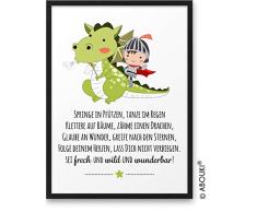 Junge DRACHE Frech Wild Wunderbar ABOUKI® Kunstdruck [ideales Geschenk] - moderne Deko - Design Poster Bild Geschenkidee für Kinder Taufe Geburt Geburtstag Einschulung Kindergarten ungerahmt DIN A4