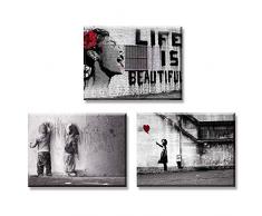 Piy Painting Street Graffiti-Kunst Mädchen mit rotem Ballon Das Leben ist Wunderschoen Kunstdruck auf Leinwand, Fotoleinwand und Kunstdrucke auf Wanddeko für Wohnzimmer Küche 30x40cm 3Set