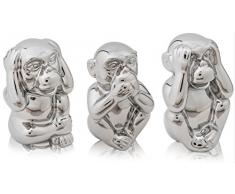 CHICCIE Die DREI Weisen Affen - Silber Keramik 14cm - Nichts sehen hören Sagen Glücksbringer Skulptur Figuren