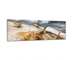 Kunstdruck - Flaschenpost mit Seesternen - 90x30 cm 3tlg - Leinwandbilder - Bilder als Leinwanddruck - Landschaften - Küste - maritim - Flasche am Strand