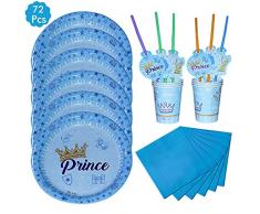 Amycute 72-teiliges Party Set für Jungen - Babyparty - Teller, Becher, Servietten,Trinkhalme für 18 Kinder Geburtstagsgeschenk,Kindergeburtstag,Party Deko,Baby Shower.