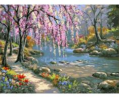 BPAINTF Malen nach Zahlen DIY Rosa Romantik und Creek Landschaft Leinwandbilder für Wohnkultur Geschenk 50x65 cm DIY GERAHMT