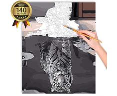 malango® Malen nach Zahlen Set Die Katze und Ihr Spiegelbild über 140 Motive für Erwachsene und Kinder DIY Leinwand Ölgemälde 40 x 50 cm auf Rahmen gespannt Die Katze und Ihr Spiegelbild