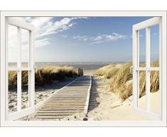 Artland Wandbild selbstklebend Vinylfolie 70x50 cm Wanddeko Wandtattoo Fensterblick Fenster Fenster Nordsee Strand Meer Düne Langeoog Urlaub T5RQ