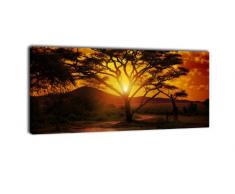 wandmotiv24 Leinwandbild Panorama Nr. 56 Afrika Sonnenuntergang 100x40cm, Keilrahmenbild, Bild auf Leinwand, Savanne, Giraffe, Abendrot