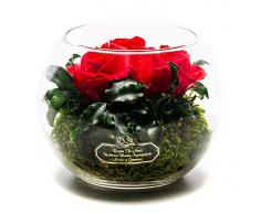 Rosen-Te-Amo Stylischer Blumenstrauß aus 3 konservierte rote Rosen in Kugel-Vase; Infinity Rosen im Glass: handgefertigt aus 100% echten Dekorativen-Pflanzen und Moose - haltbar ohne Wasser