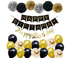 Ohighing Happy Birthday Schwarz Geburtstag Party Deko Set 1 Girlande 6 Pompoms 16 Luftballons Schwarz Gold Ballons Gold Konfetti Luftballon(ca.30cm) 1 Happy Birthday Banner in Gold metallic