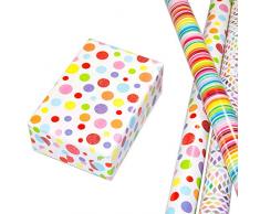 Geschenkpapier Kinder Set 3 Rollen (75 x 150 cm), modernes Streifen Geschenkpapier bunt, Punkte hochwertig mit Glitter veredelt, Rauten auf mattweißem Fond. Für Geburtstag, Kinder, Frühling, Sommer.