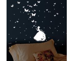 Wandtattoo Loft Fluoreszierende Prinzessin mit 30 verschiedenen Schmetterlingen und 60 Punkten Leuchtaufkleber - Wandtattoo fluoreszierende leuchtende Sticker für das Kinderzimmer