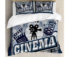 HENUK Movie Theater Bettwäsche-Set Vintage Kinoposter-Design mit Grunge Effekt und altmodischen Ikonen, 4-teilig, Blau/Schwarz/Grau, Polyester-Mischgewebe, Multi, King Size