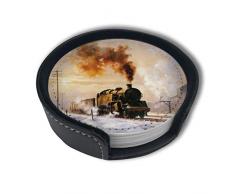 BJAMAJ War Retro Vintage Zug Ölgemälde Premium PU Leder Untersetzer Getränke-Runde Untersetzer mit Halter-Sets, geeignet für Zuhause und Küche (6 Stück)