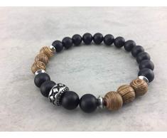 Armband Perlenarmband Holzkugeln Holz Braun Holzperlen Kombination mit Onyx schwarz Stretch Gummiband für Damen Frauen Herren Männer Unisex Surferstyle sehr cool A42