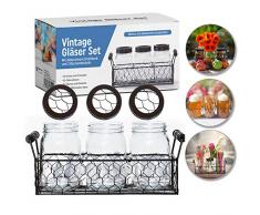 BenniCamp® Vintage Gläser Set + Dekokorb | Deko | Hochzeitstafel | Glasvasen-Set | Vintage Trinkgläser