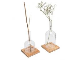 LUUK LIFESTYLE Flaschen Vase Set, Vase Deko Set, Glas Vase für eine Blume, Flaschen Stil, Tischvase, skandinavischens Design, Deko Glas, Vase für langstielige Blumen, Holzuntersetzer,