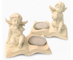 TEMPELWELT 2 x Teelichthalter Kerzenhalter Deko Figur Engel Schutzengel sitzend auf Buch aus Polystein weiß 9 x 6 cm im Set, Schutzengelchen Engelpaar Engelkinder