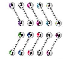 Piersando Brustwarzen Piercing Intimpiercing Nippelpiercing Brust Nippel Intim Barbell mit Hantel Doppel Front Kristall Kugel 1,6mm x 12mm x 5mm Silber Pink