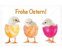 3 Stück kleine Minikarten, Grußkarte, Klappkarten mit Kuvert, Geschenkanhänger, Karte, Osterkarte mit Küken in Ostereiern Frohe Ostern! Format: 55 x 85 mm