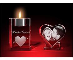 GLASFOTO.COM, Glasfoto Romantik-Set, Herz und Teelicht mit Ihrem eigenen Foto als individuell anpassbares Geschenk, Kristallglas Innengravur in Premiumqualität