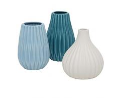 CasaJame 3 Vasen Set, Strukturvasen Steingut, Blumenvasen zur Deko, Dekovasen hellblau, blau, weiß je 12cm