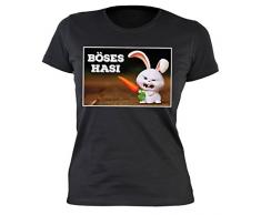 Lustiges Fun Damen-Shirt Ostern - Osterhasen - Geschenk-Shirt Osternest Frau : Böses Hasi - Damen T-Shirt Sprüche/Motive Oster-Fest Gr: S