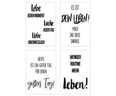 Edition Seidel Set 4 Premium Poster mit Sprüchen (Format DIN A4) ohne Rahmen Kunstdruck mit Zitaten (schwarz weiß). Bild Bilder Wandbild Wohnzimmer Schlafzimmer Küche (Leben Set 1)