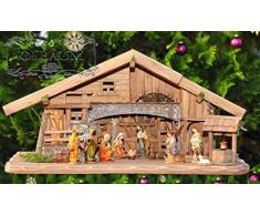 80 cm Ölbaum Weihnachtskrippe, mit LED + Brunnen + Dekor, Massivholz historisch braun - mit 12 x PREMIUM-Krippenfiguren + Engel