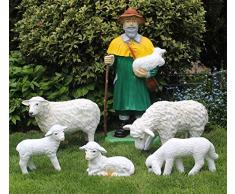 JS GartenDeko Deko Figur Schäfer mit 2 Schafen und 3 Lämmern Figuren Dekofigur Hirte aus Kunstharz H 87 cm mit Schafgruppe
