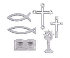 FEPITO 80 Stück Hölzerne Dekorationen Tischdeko Streudeko für Konfirmation Kommunion Silber Kreuz, Fisch, Kelch, Bibel - Größe ca. 3,5 bis 5 cm