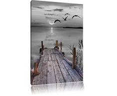 schöner Steg mit Vögeln schwarz/weiß Format: 60x40 auf Leinwand, XXL riesige Bilder fertig gerahmt mit Keilrahmen, Kunstdruck auf Wandbild mit Rahmen, günstiger als Gemälde oder Ölbild, kein Poster oder Plakat