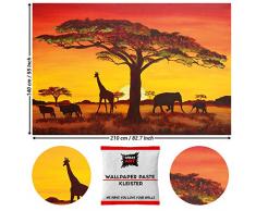 GREAT ART Fototapete Sonnenuntergang in Afrika 210 x 140 cm –Landschaft Safari Wandbild Silhouetten Giraffe Savanne Steppe Prärie Löwe Büffel – 5 Teile Tapete inklusive Kleister