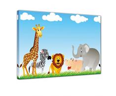 Kunstdruck - Kinderbild Tiere Cartoon VI - Bild auf Leinwand - 80x60 cm einteilig - Leinwandbilder - Kinder - freundliche Tiere in der Savanne