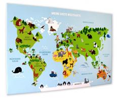 Leinwandbild KINDERWELTKARTE 70 cm breit x 50 cm hoch, Illustrierte Weltkarte für Kinder, deutsche Beschriftung, Kinder-Poster, Geschenk, Dekoration fürs Kinderzimmer (Leinwandbild 70 cm x 50 cm)
