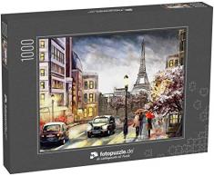 fotopuzzle.de Puzzle 1000 Teile Ölbild auf Leinwand, Straßenansicht von Paris Kunstwerk Eiffelturm Menschen unter einem roten Regenschirm