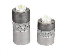 Formano Deko Vase Silber grau aus Keramik matt gebürstet mit Relief (7 cm + 15 cm Teelichthalter)