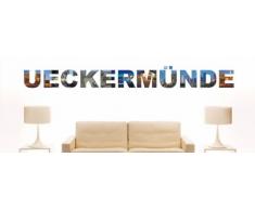 INDIGOS UG - WANDTATTOO / Wandsticker / Wandaufkleber / Aufkleber farbige Wandschrift Städtename Ueckermünde mit Sehenswürdigkeiten 96 x 10 cm Länge