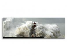 150x50cm Leinwandbild auf Keilrahmen Meer Welle Sturm Leuchtturm Wandbild auf Leinwand als Panorama