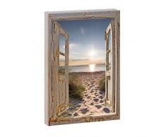 Bild auf Leinwand Fensterblick Hochformat | Sonnenuntergang am Meer - 60x40 cm Wandbild im XXL-Format, Leinwandbild mit Kunstdruck ungerahmt, Landschaftsbild auf Holzrahmen, Made in Germany, Farbig