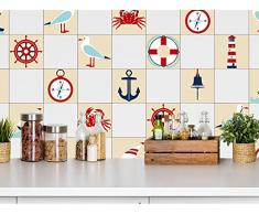 Graz Design® Fliesenfolie selbstklebend Dekofliesen Anker Möwe Schiff Glocke Krabbe Kompass (10x10cm // Set 10 Stück)